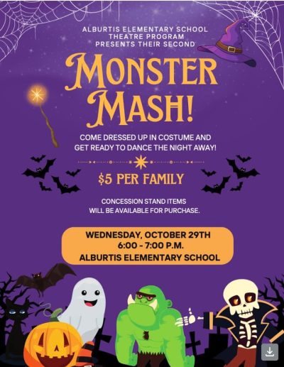Save the date!
Our Alburtis Theatre Club will be hosting a Spook-takular Monster Mash Dance on Wednesday, October 29 from 6:00PM-7:00PM right here at Alburtis Elementary School. The cost for his fun filled event will be $5.00 per family! Please join us for what is sure to be a ton of fun!