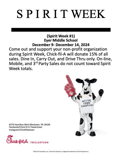 The Eyer PTO is hosting a Dine to Donate fundraiser at Chick-fil-A in Trexlertown from December 9th through December 14th! Chick-fil-A will donate 15% of ALL DINE-IN, CARRY-OUT, and DRIVE-THRU SALES to support the Eyer PTO. Please note that online, mobile, and third-party sales are not included in the fundraiser.