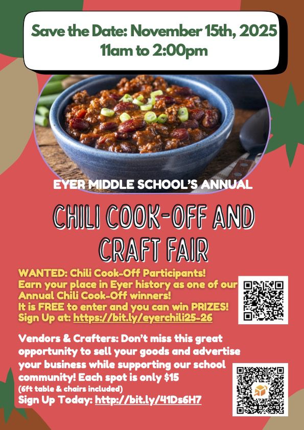 🌶️ Get your spoons ready! Eyer's annual Chili Cook-Off and Craft Fair is Saturday, November 15th from 11 am to 2 pm. This year we're pairing the fun with our fall play matinee! Want to enter your famous chili or sell your crafts? Questions about the cook-off? Email Lynn Dreisbach at ldreisbach@eastpennsd.org. Sign up with the links below! - Chili Cook-Off Sign Up - https://tinyurl.com/k36ur44u - Craft Fair Vendor Sign Up - https://tinyurl.com/4t4xtnpw