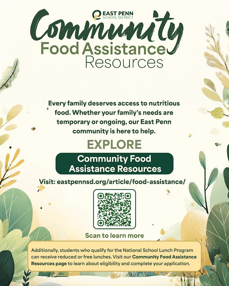 As mentioned during the Leaders’ Meeting last week, we have vetted and compiled a list of local community food resources for our East Penn families. As you can imagine, communication with some organizations has been slow due to volunteer staffing and limited hours. Our team will continue outreach and make updates to the district webpage to ensure families have access to the most current information throughout the holiday season and the remainder of the school year.