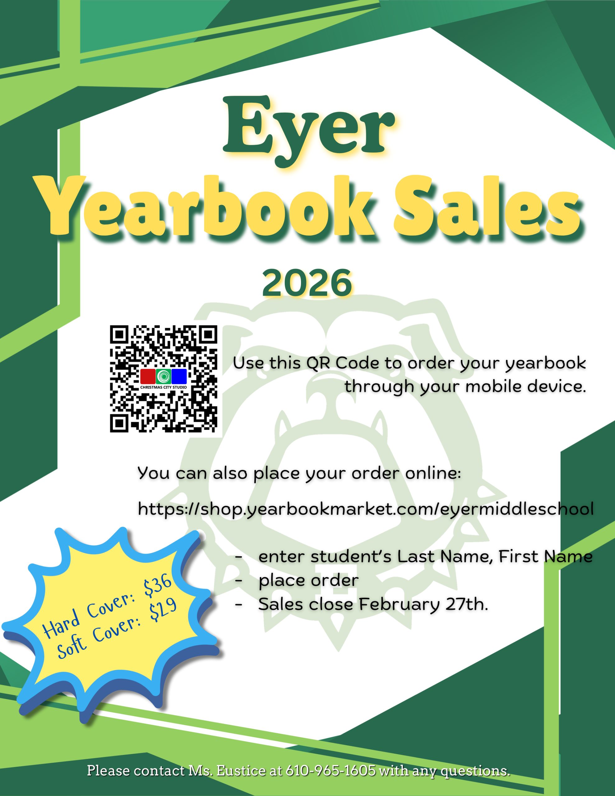 📘 Yearbook Sales Are Open! 📘 The 2025–2026 Eyer Yearbook is officially on sale! We are excited to continue our partnership with Christmas City Studios, allowing us to produce our yearbooks locally and include more spring activities than ever before. 🎨 Cover Options: • Soft Cover – $29 • Hard Cover – $36 🗓️ Sales close February 28 🛒 Yearbooks must be ordered online only — no additional copies will be available for purchase at school. 👉 Order here: https://tinyurl.com/339svee8 Don’t miss out—reserve your copy today!