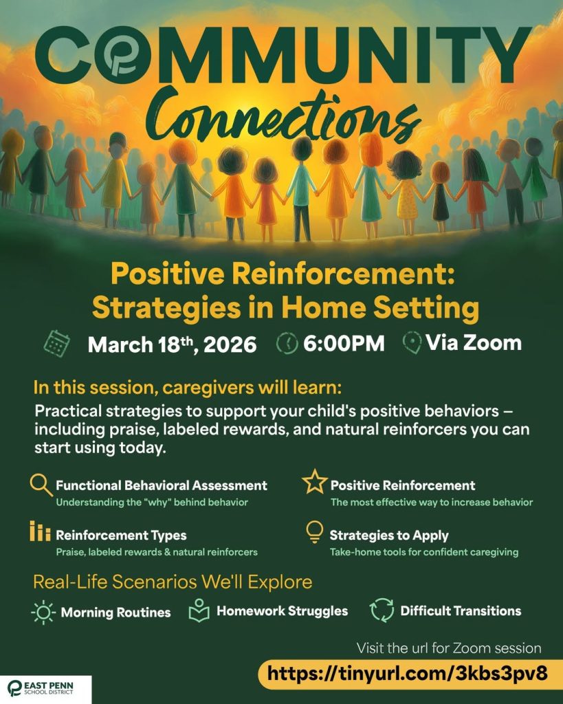 💡 Looking for positive ways to support your child’s behavior at home? Join us for our next Community Connections virtual session: Positive Reinforcement: Strategies in the Home Setting 📅 March 18, 2026 ⏰ 6:00 PM 💻 Virtual via Zoom During this sessionwe'll explore: ✔️ Understanding the “why” behind behavior ✔️ Effective positive reinforcement techniques ✔️ Real-life scenarios like morning routines, homework struggles, and difficult transitions This session is designed to provide simple, practical tools to help families build positive routines and confident caregiving strategies. 🔗 Join the session: https://tinyurl.com/3kbs3pv8