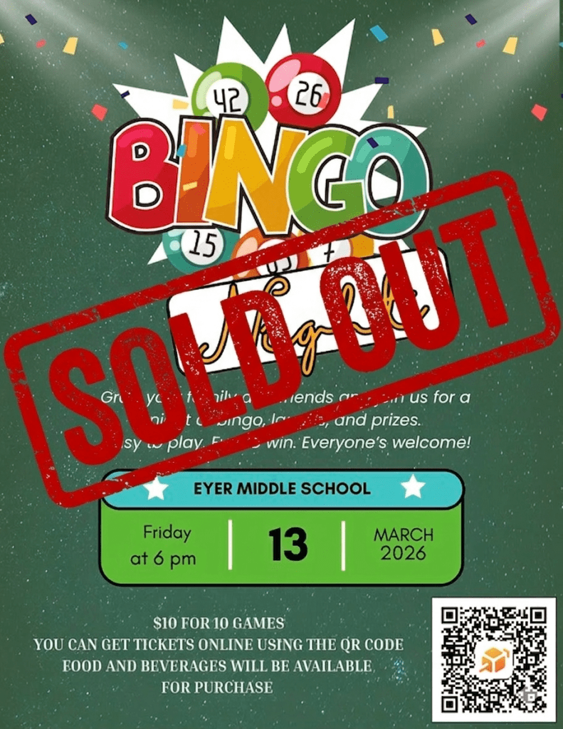 Eyer Community, the Eyer Family Bingo Night happening tonight is SOLD OUT! No tickets will be sold at the door. Thank you for your support!