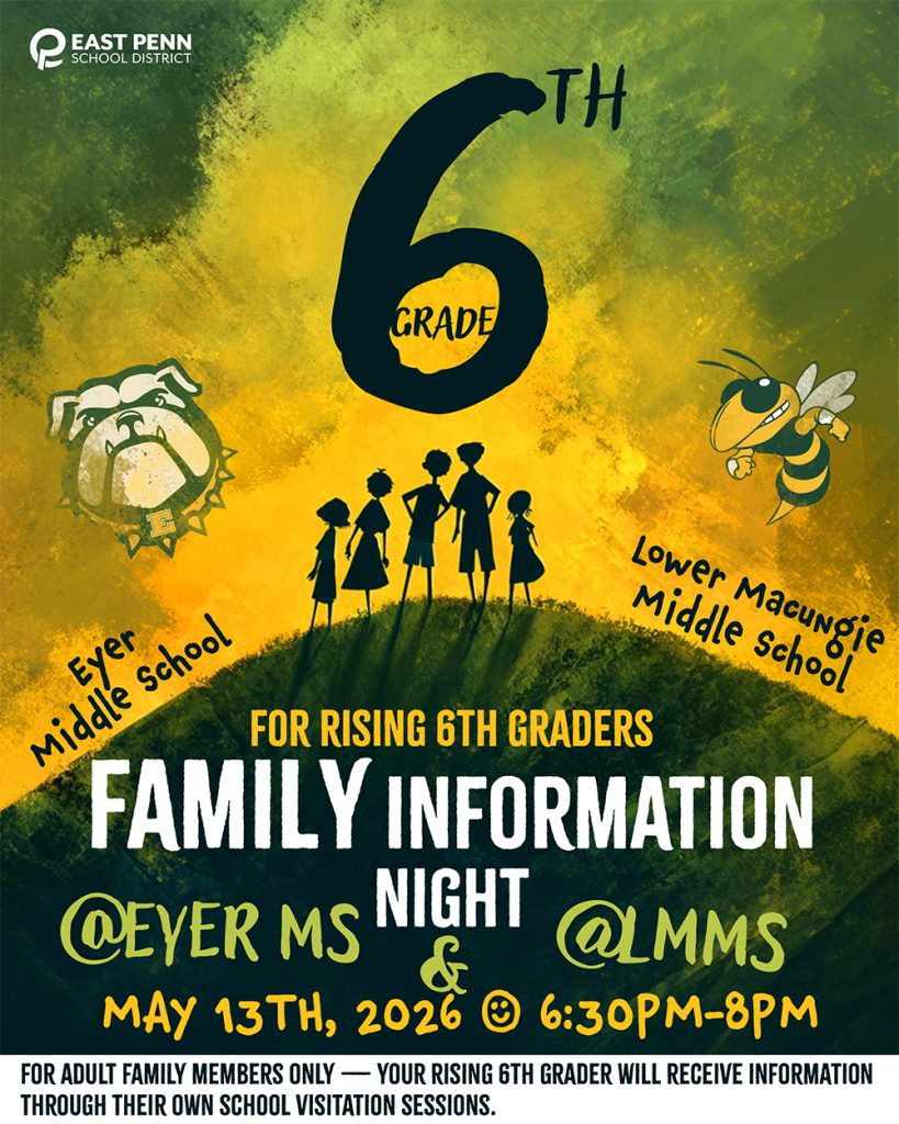 Parents and guardians of incoming Eyer 6th graders, you're invited to our Spring Incoming 6th Grade Parent Information Night on May 13th from 6:30 to 8 PM at Eyer Middle School! Join us for this introduction to the 6th grade experience and an overview of the key connections that will set your student up for success. Earlier that day, current 5th grade students will visit campus for a school day presentation  and tour. Can't make it in May? We'll also host 6th Grade Orientation on Tuesday, August 11th with additional details being shared in July and August. We look forward to welcoming our new students to the Eyer school community!