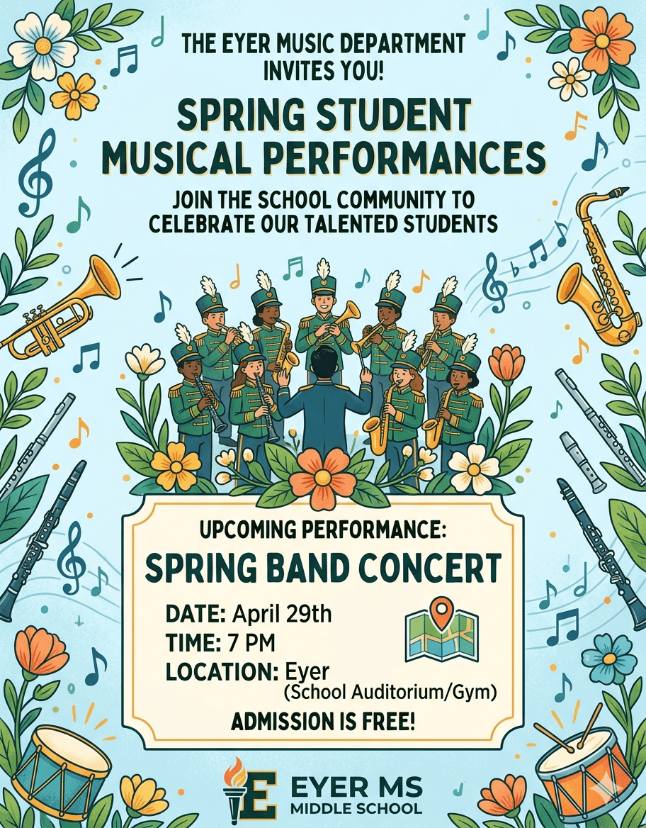 The Eyer Music Department invites our community to our spring performances! Join us for the Spring Band Concert on April 29 at 7 PM at Eyer. 🎶 #OneEyer #EastPennPROUD