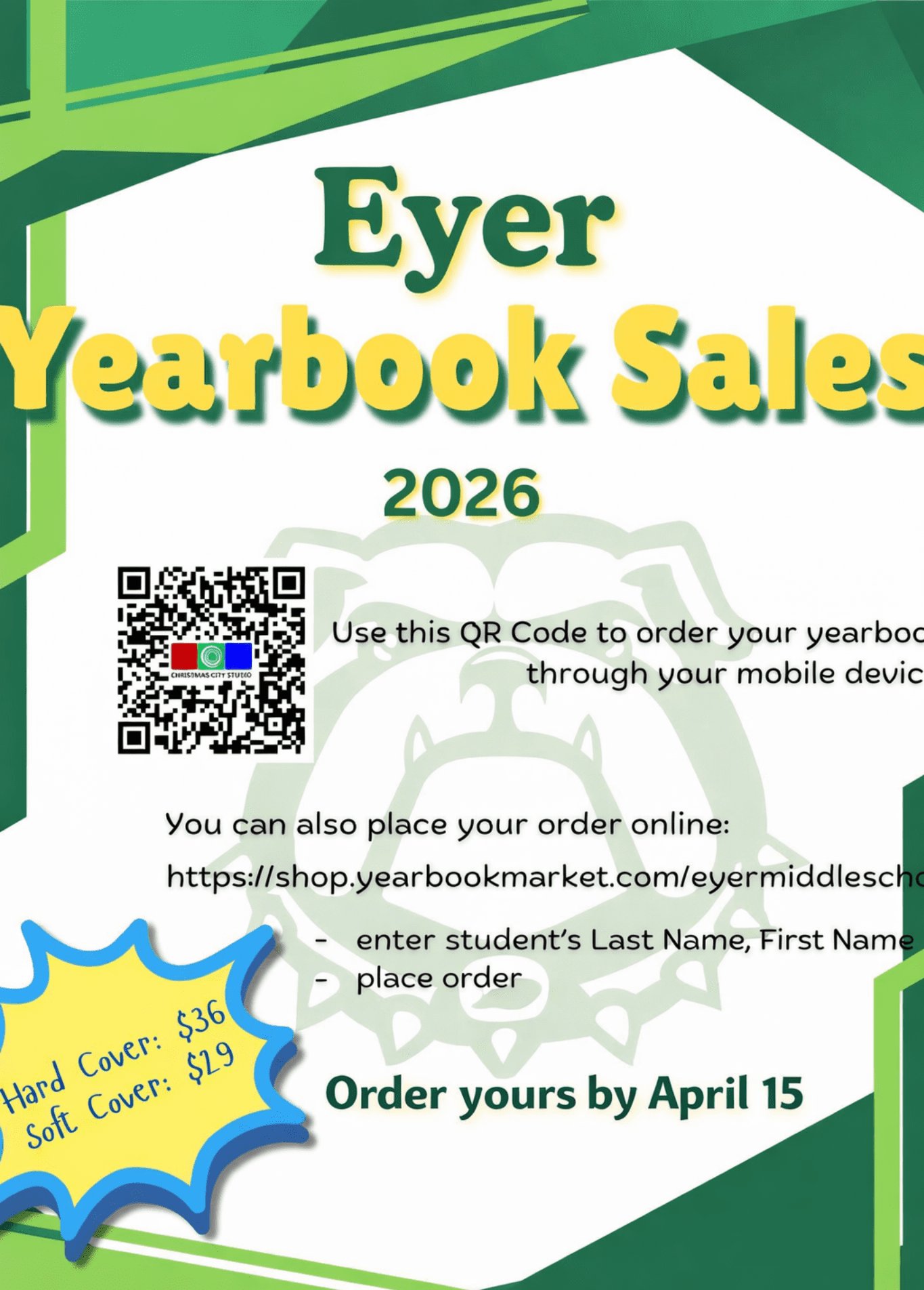 25–26 Eyer Yearbook sales have reopened for a limited time. Families who wish to purchase a yearbook should place their order as soon as possible to guarantee a copy. All orders must be placed online through the Christmas City Studios Website. Please note that no extra yearbooks will be ordered after the deadline. We encourage families to order during this window to ensure their student receives a copy and can capture this year’s memories.