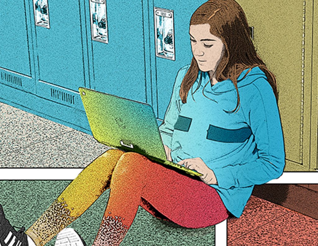 illustration of young student on laptop sitting on the floor