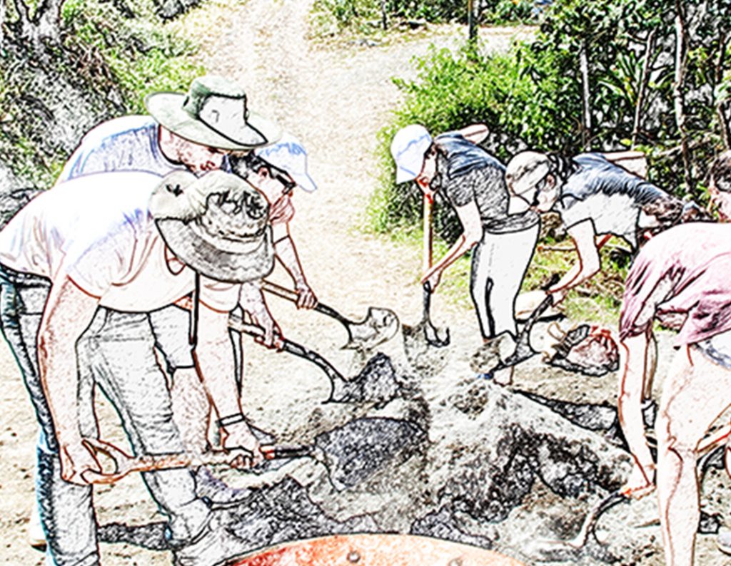 illustration of teachers and students digging the ground