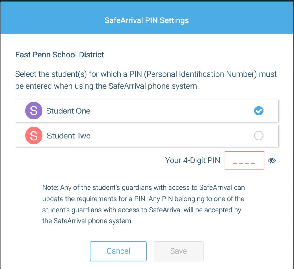 Student Pin Settings