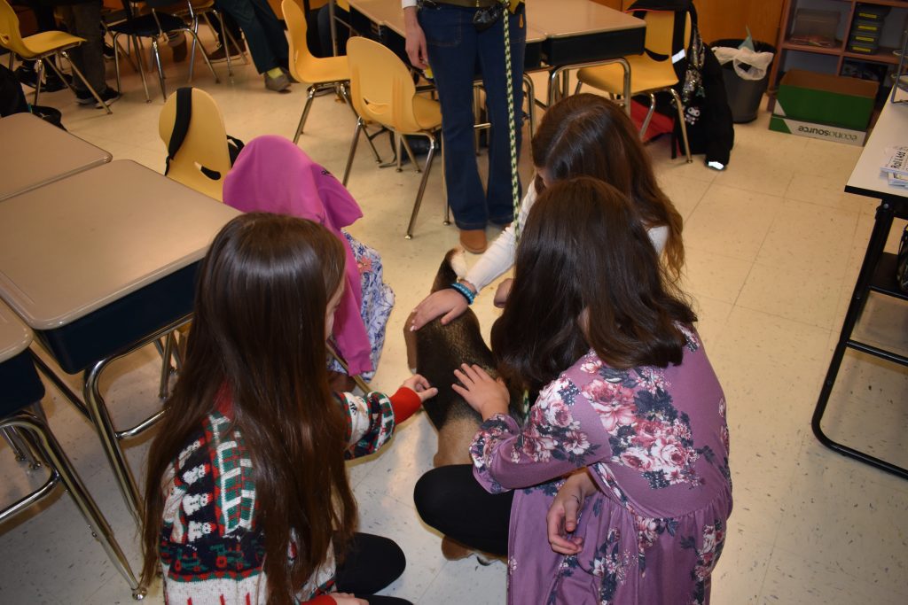 students gathered together petting a dog