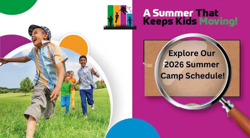 Promotional image for 2026 summer camp schedule. Kids running in grass with headline "A Summer That Keeps Kids Moving!"
