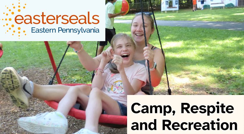 Promotional image for the "Camp, Respite and Recreation" program featuring children playing on a swing