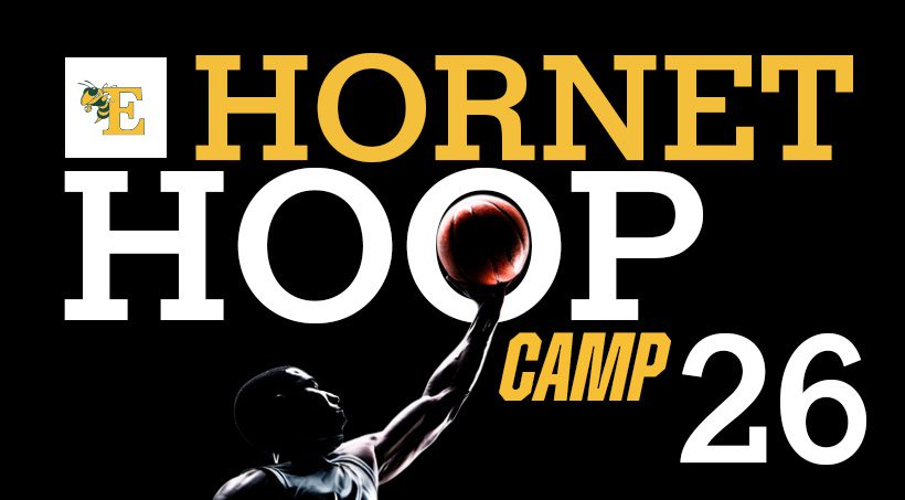 Promotional graphic for Hornet Hoop Camp 2026 featuring a basketball player reaching up with a ball.