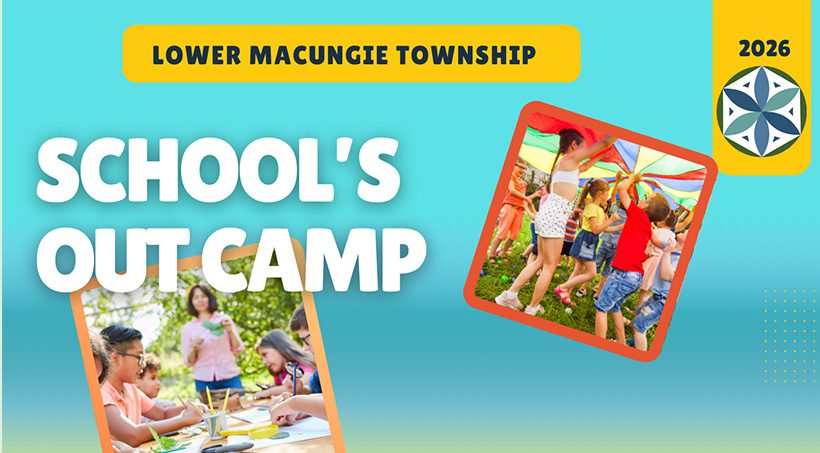 Colorful banner reading 'SCHOOL'S OUT CAMP' with photos of children playing with kites and doing art for Lower Macungie Township.