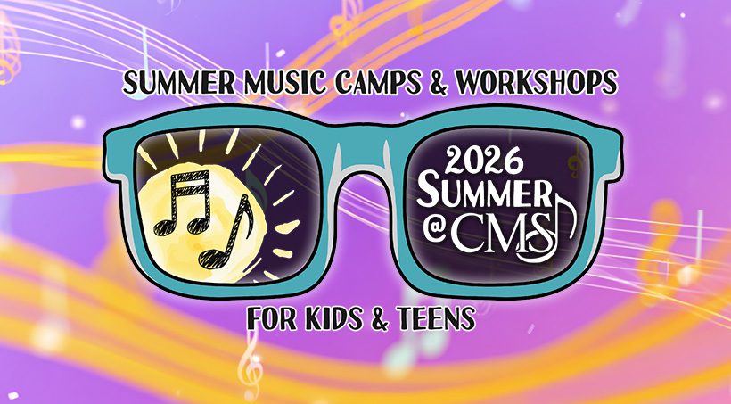Teal sunglasses illustration featuring musical notes inside the lenses, promoting '2026 Summer Music Camps & Workshops'.