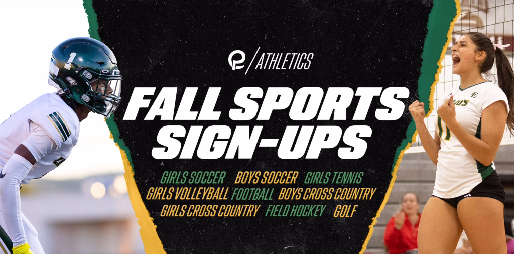 An athletic promotional graphic titled "FALL SPORTS SIGN-UPS" under the "/ ATHLETICS" logo. The central dark textured area lists several sports: girls soccer, boys soccer, girls tennis, girls volleyball, football, boys cross country, girls cross country, field hockey, and golf. The text is flanked by a football player on the left and an excited female athlete on the right.