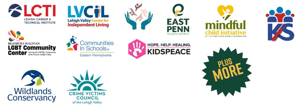 A collection of logos for several organizations arranged in rows: Top row: Lehigh Career & Technical Institute (LCTI), Lehigh Valley Center for Independent Living (LVCIL), an abstract logo of hands holding a figure, East Penn School District, Mindful Child Initiative by the Pratyush Sinha Foundation, and a KS logo. Middle row: Bradbury-Sullivan LGBT Community Center, Communities In Schools Eastern Pennsylvania, and KIDSPACE (with the text "HOPE. HELP. HEALING."). Bottom row: Wildlands Conservancy and the Crime Victims Council of the Lehigh Valley.
