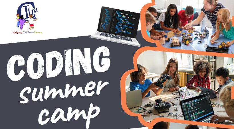 Promotional graphic for a "CODING summer camp" featuring the C.L.I.U 21 logo and the slogan "Helping Children Learn." The image shows a laptop displaying lines of code and two photos of diverse children and a mentor working collaboratively on robotics, electronic components, and programming.