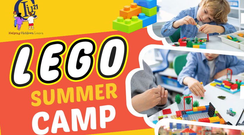  Promotional graphic for C.L.I.U 21's "LEGO SUMMER CAMP." The image features large, bold text and a collage of photos showing children focused on building intricate structures with colorful LEGO bricks, alongside the C.L.I.U 21 logo and the slogan "Helping Children Learn."